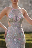 Robe de bal longue à col nu en tulle en tulle d’argent, sirène à col nu avec une fleur 3D