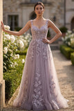 Robe de bal longue robe de bal en tulle gris violet, ligne fleurie, boutonnée et couverte
