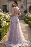 Robe de bal longue robe de bal en tulle gris violet, ligne fleurie, boutonnée et couverte
