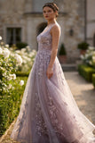 Robe de bal longue robe de bal en tulle gris violet, ligne fleurie, boutonnée et couverte