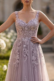 Robe de bal longue robe de bal en tulle gris violet, ligne fleurie, boutonnée et couverte