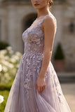 Robe de bal longue robe de bal en tulle gris violet, ligne fleurie, boutonnée et couverte