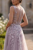 Robe de bal longue robe de bal en tulle gris violet, ligne fleurie, boutonnée et couverte