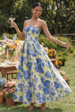 Robe longue de mariée longue à motifs floraux à motifs floraux en fleurs de jonquille bleue en ligne A