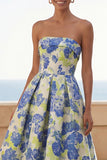 Robe longue de mariée longue à motifs floraux à motifs floraux en fleurs de jonquille bleue en ligne A