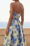 Robe longue de mariée longue à motifs floraux à motifs floraux en fleurs de jonquille bleue en ligne A