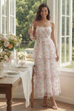 Robe fleurie blanche rose à étages à bretelles fines en ligne en A