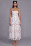 Robe fleurie blanche rose à étages à bretelles fines en ligne en A