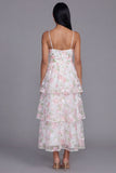 Robe fleurie blanche rose à étages à bretelles fines en ligne en A
