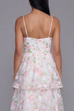 Robe fleurie blanche rose à étages à bretelles fines en ligne en A