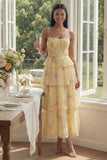 Robe fleurie blanche rose à étages à bretelles fines en ligne en A