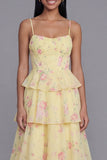 Robe fleurie blanche rose à étages à bretelles fines en ligne en A