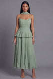 Robe midi plissée plissée à volants A-line Dusty Sage sans bretelles plissées et volants avec écharpe au col