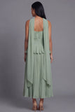 Robe midi plissée plissée à volants A-line Dusty Sage sans bretelles plissées et volants avec écharpe au col