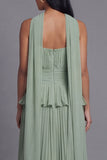 Robe midi plissée plissée à volants A-line Dusty Sage sans bretelles plissées et volants avec écharpe au col