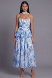 Robe midi plissée plissée à volants A-line Dusty Sage sans bretelles plissées et volants avec écharpe au col