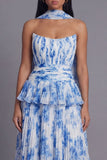 Robe midi plissée plissée à volants A-line Dusty Sage sans bretelles plissées et volants avec écharpe au col