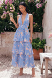 Robe longue fleur à dos nus à col à étages bleu rose avec nœud long