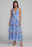 Robe longue fleur à dos nus à col à étages bleu rose avec nœud long