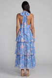 Robe longue fleur à dos nus à col à étages bleu rose avec nœud long