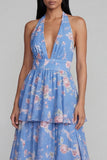 Robe longue fleur à dos nus à col à étages bleu rose avec nœud long