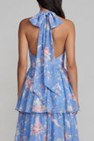 Robe longue fleur à dos nus à col à étages bleu rose avec nœud long