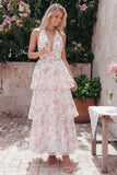 Robe longue fleur à dos nus à col à étages bleu rose avec nœud long