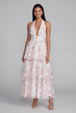 Robe longue fleur à dos nus à col à étages bleu rose avec nœud long