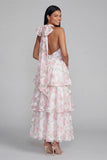 Robe longue fleur à dos nus à col à étages bleu rose avec nœud long