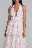 Robe longue fleur à dos nus à col à étages bleu rose avec nœud long