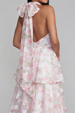 Robe longue fleur à dos nus à col à étages bleu rose avec nœud long