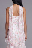 Robe longue de mariage invitée longue à motifs de mariage blanche blanche rose en chiffon et écharpe de col