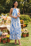 Robe longue plissée bleu ciel à col nu et nœud