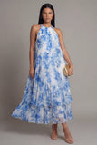 Robe longue plissée bleu ciel à col nu et nœud