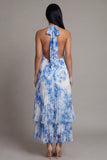 Robe longue plissée bleu ciel à col nu et nœud