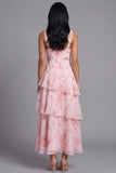 Robe longue d’invité en chiffon rose à col en V à motifs floraux à volants