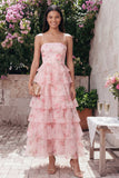 Robe longue de mariage rose en chiffon en mousseline à étages à motifs floraux