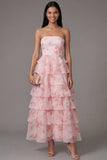 Robe longue de mariage rose en chiffon en mousseline à étages à motifs floraux