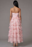 Robe longue de mariage rose en chiffon en mousseline à étages à motifs floraux