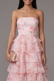 Robe longue de mariage rose en chiffon en mousseline à étages à motifs floraux