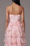 Robe longue de mariage rose en chiffon en mousseline à étages à motifs floraux