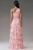 Robe longue d’invitée de mariée rose à étages à motifs floraux en chiffon à une épaule avec fente