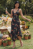 Robe midi fleurie noire en mousseline chiffon à col en V imprimé