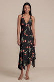 Robe midi fleurie noire en mousseline chiffon à col en V imprimé