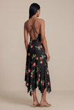 Robe midi fleurie noire en mousseline chiffon à col en V imprimé