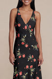 Robe midi fleurie noire en mousseline chiffon à col en V imprimé