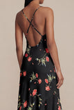 Robe midi fleurie noire en mousseline chiffon à col en V imprimé