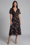 Robe de mariage midi en chiffon à cheval noir rouge à col en V avec manches courtes