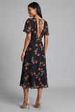 Robe de mariage midi en chiffon à cheval noir rouge à col en V avec manches courtes