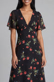 Robe de mariage midi en chiffon à cheval noir rouge à col en V avec manches courtes